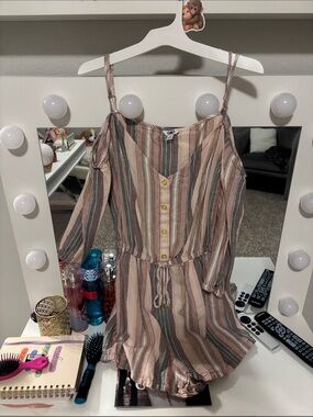 G by Guess Striped Cold-Shoulder Romper in Pink, Green, Tan